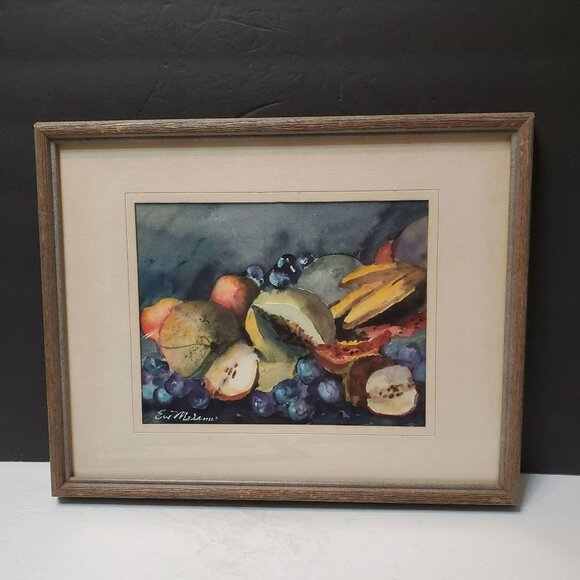 Vintage Framed Watercolor Painting, Still Life with Fruit,...